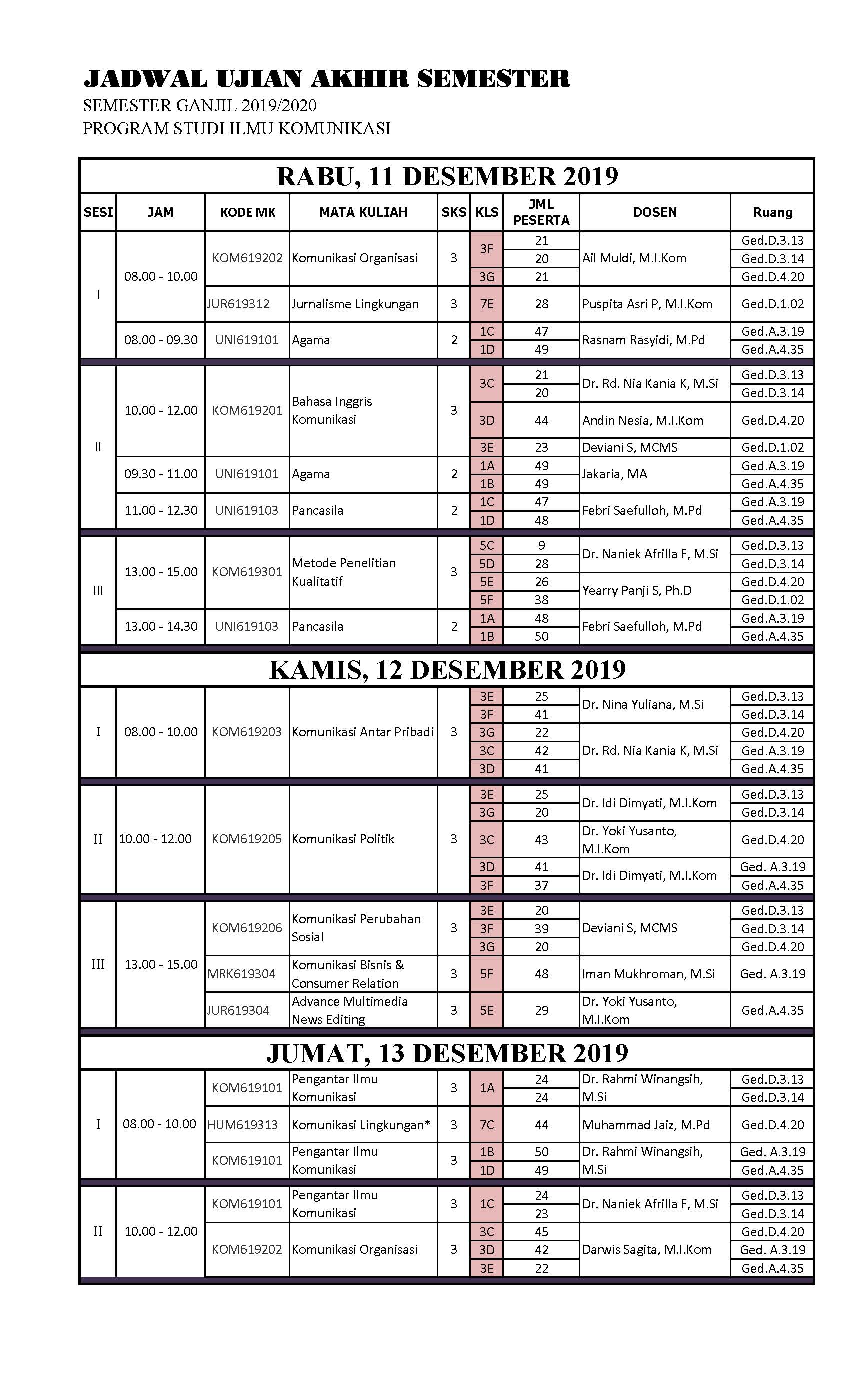 Jadwal UAS Semester Ganjil 2019/2020